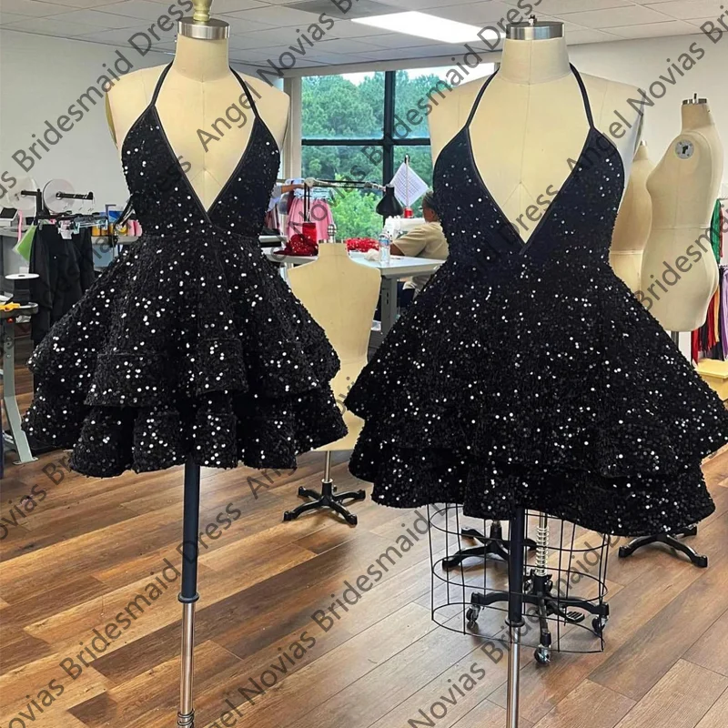 

Плюс размер сексуальные мини-черные платья для выпускного вечера 2025 многоуровневая юбка Vestidos De Gala выпускные платья для дня рождения по индивидуальному заказу