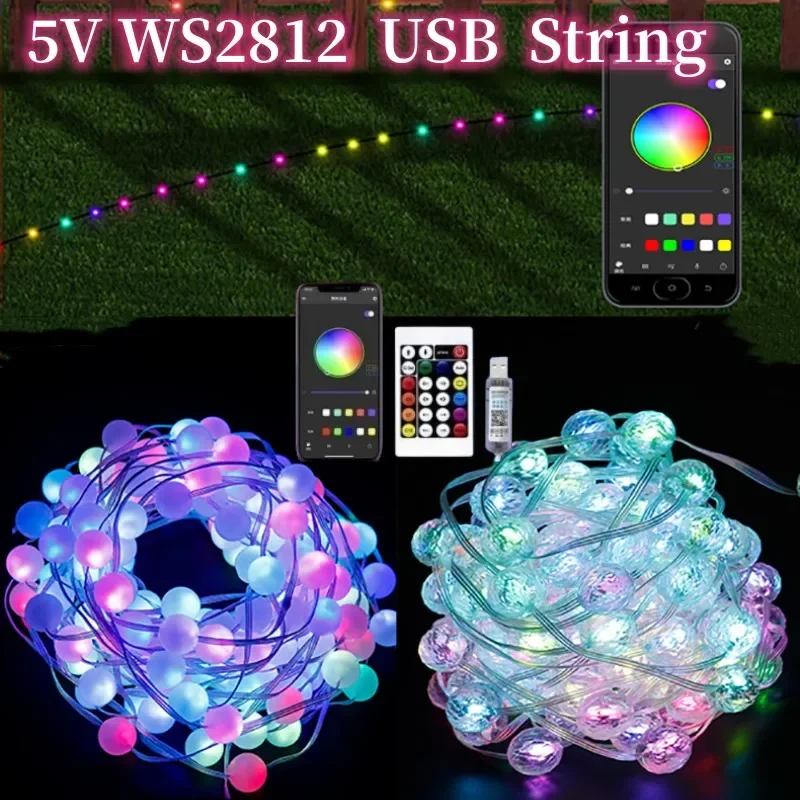 Guirnalda de luces LED con USB, iluminación de píxel RGB Ws2812, 5M/10M, 5V, resistente al agua, para decoración de fiestas, bodas y Navidad