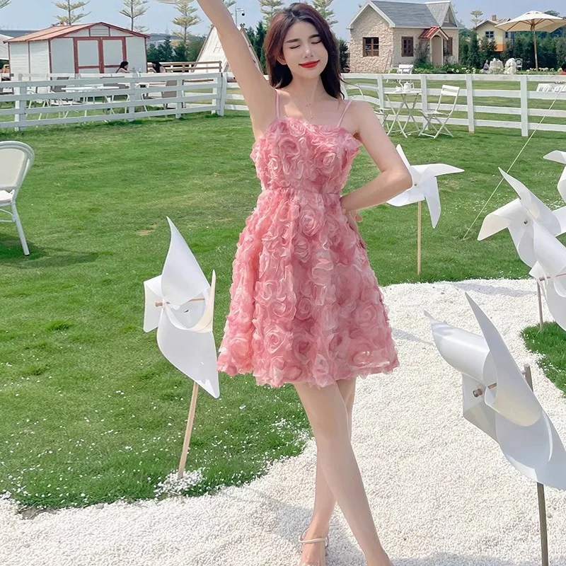 Dreidimensionale Rose Floral Party Kleid Frauen Sexy Liebsten Krawatte Bogen Mesh Spaghetti Strap Kleid Weibliche Spitze Kurze Mini Vestidos
