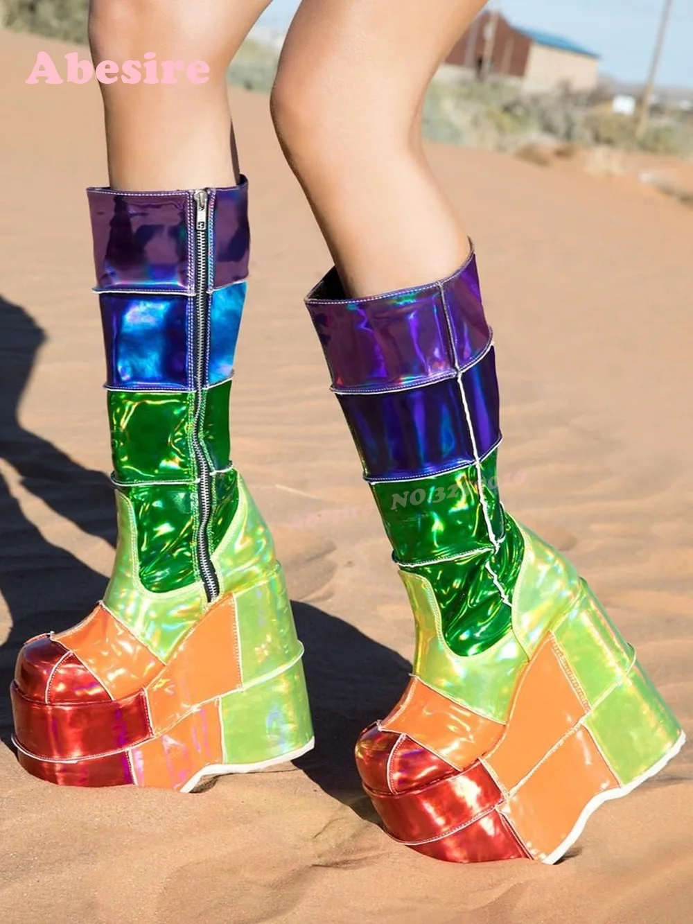 

Красочные сапоги до колена на платформе в стиле пэчворк, женские готические ботинки с круглым носком, увеличивающие рост, темная мотоциклетная обувь с боковой молнией