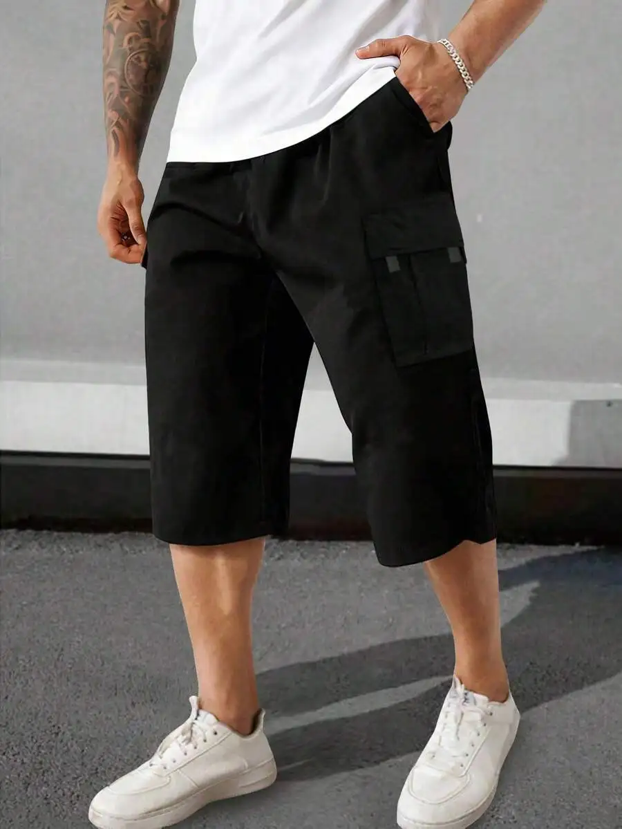 Mens Black Cargo Capri Shorts With Multiple Pockets, Relaxed Fit For Summer Leisure, Streetwear, Outdoor Activities And Daily