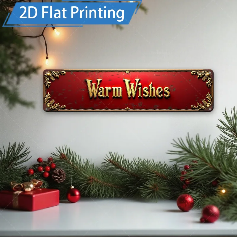 [2D FLAT] 1 قطعة علامة معدنية، 8 × 12 بوصة خمر الأحمر التمنيات الدافئة علامة معدنية ديكور عيد الميلاد