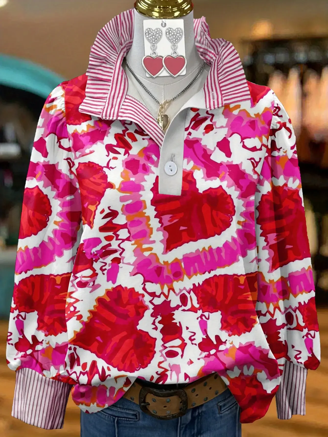 

2026 Women's striped shirt with multi-color striped collar and half button shirt with Perris pattern retro floral print women's