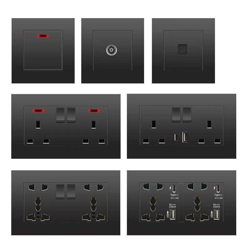 Black UK 13A Wall Socket with USB Type C 18W Quick Charge Plug Socket,Wall power outlet with USB charger, switch with socket