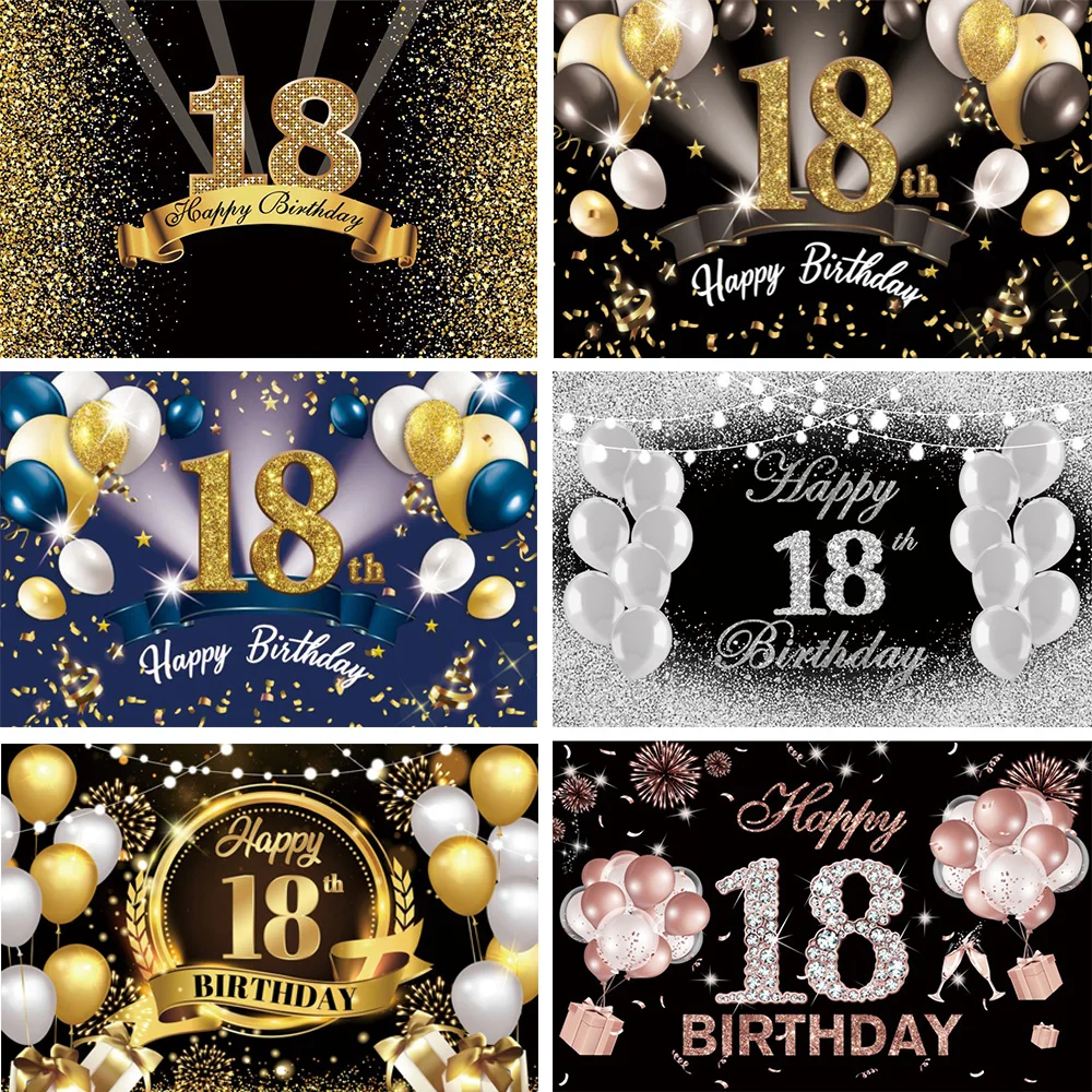 

18th Birthday Party Backdrop Black Gold Glitter Balloon Boy Girl 18 years old Birthday Bar Mitzvah Photography Background Banner