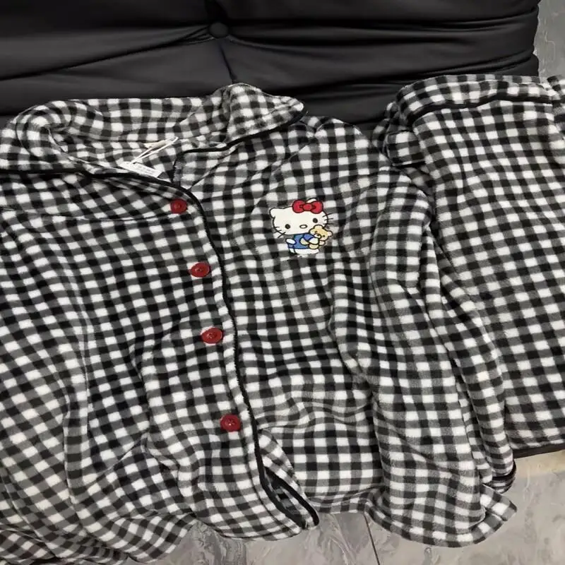 

Фланелевой комплект домашней одежды Hello Kitty с рисунком кораллового флиса, утепленный комплект домашней одежды для женщин и девочек, зимняя одежда для сна, милый кавайный комплект ночного белья