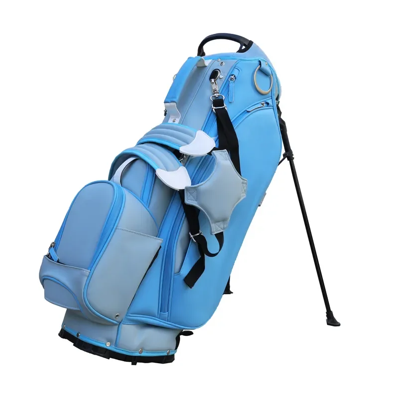 FL 2026 Sky Blue PU Leather Golf Sunday Bag Portable Carry Stand with 4 Dividers Custom Logo Lightweight Travel Golfing Gear