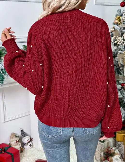 جو عيد الميلاد أزياء المرأة محبوك سترة سترة الخامس الرقبة لؤلؤة زر معدني بسيط سترة بأكمام طويلة #1