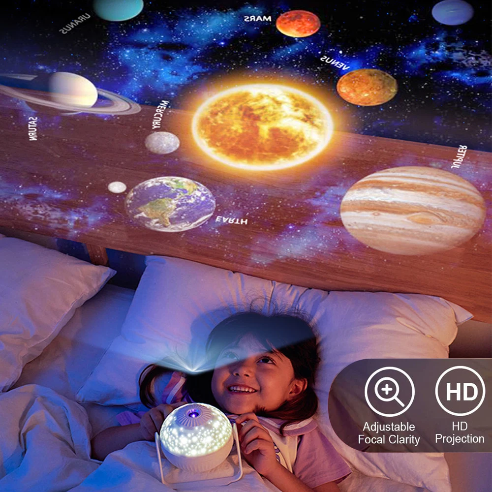 Luzes de projetor planetário LED Galaxy Star Projeção Lâmpada 7 em 1 com Nebulosa Lua Planeta Aurora 360 Rotação Focagem