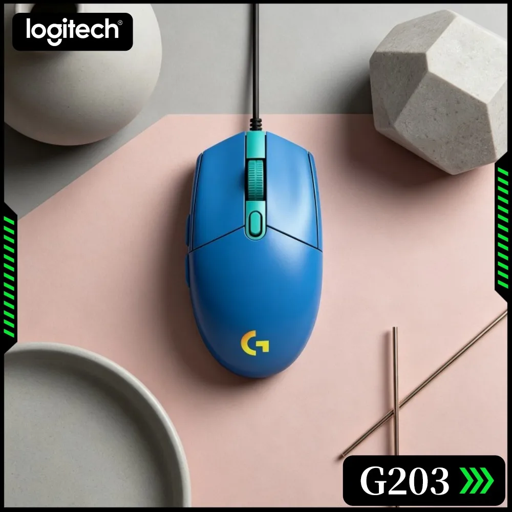 Mouse Gamer com Fio Logitech G203, Construção Sólida, Iluminação RGB Vívida, Empunhadura Confortável, Almofadas Antiderrapantes, USB para PC