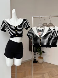 Summer Women Knit Striped Crop Top Gyaru Sailor Collar T-Shirts Old Money Tees Design Coquette Korean 2000s Aesthetic Vintage