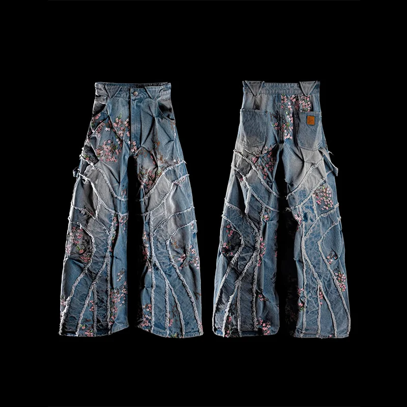 

Y2K Fashion Casual Jeans Retro Boho Patchwork Floral Embroidery High Waisted Loose Wide Leg Jeans Men Women Versatile Streetwear