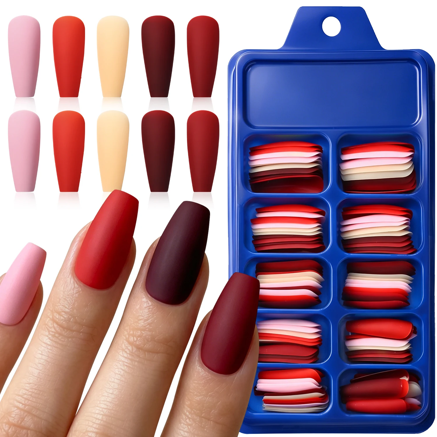 120pcs/Box Matte Long Coffin Acrylic False Nails 10Size Nude Pink Red Reusable Full Cover Ballerina Press On Nails DIY Fake Nail