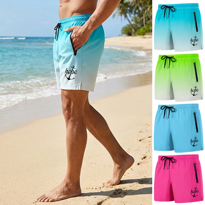 

Мужские пляжные шорты Hope Anchor Print, летние повседневные шорты с сетчатой подкладкой, карманами на молнии, быстросохнущие плавки, купальные шорты