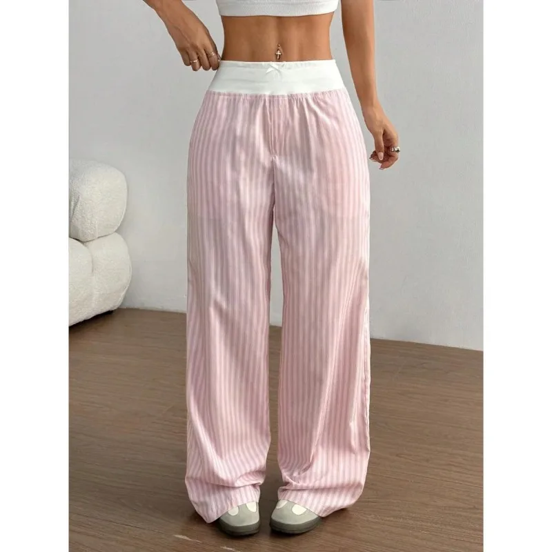 

Women Contrast Waist Bow Striped Loose Wide Leg Casual Pants