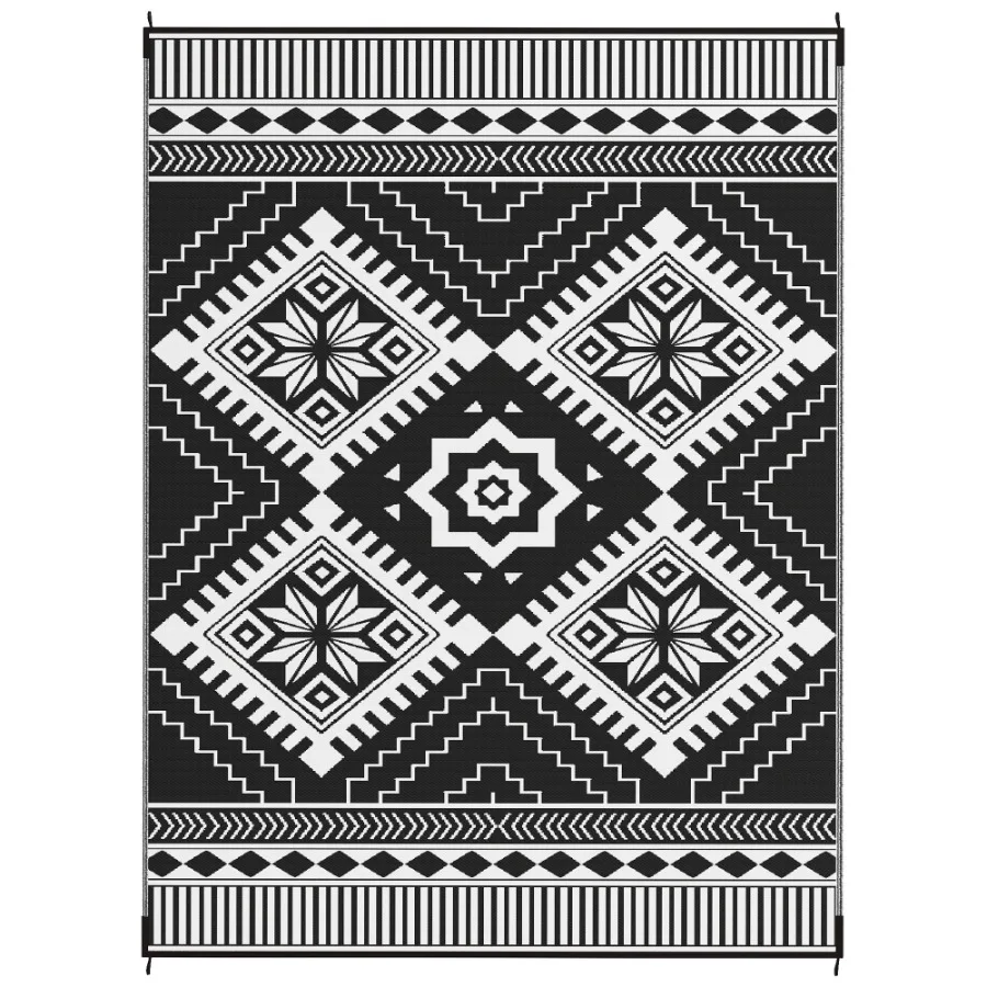 

Reversible Outdoor Rug Waterproof Plastic Straw with Carry Bag 9' x 12' White Black Toothed Rhombus