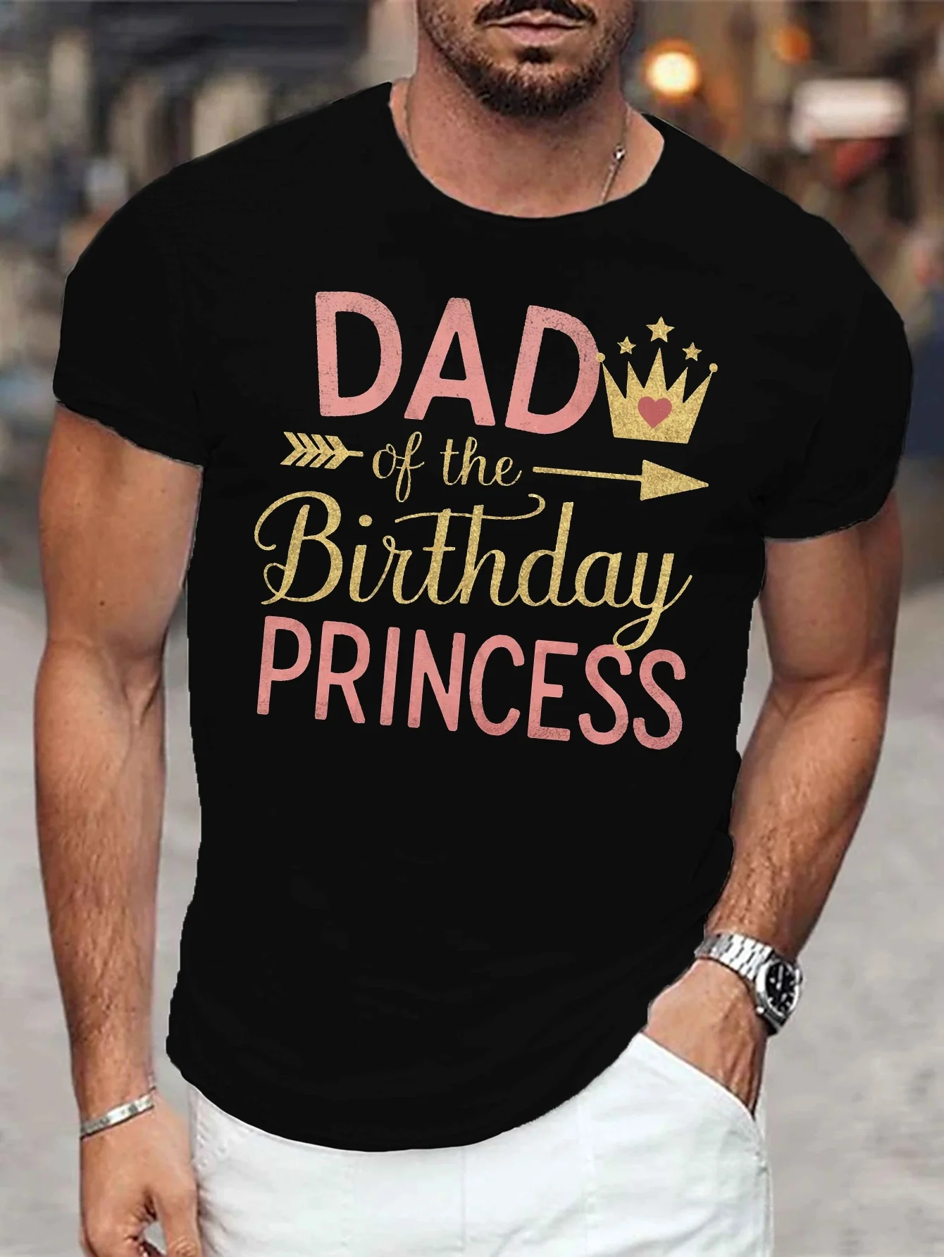 

Dad of the Birthday Princess" Men's T-Shirt - Casual Short Sleeve, Breathable Polyester, Summer Tee with Geometric Print