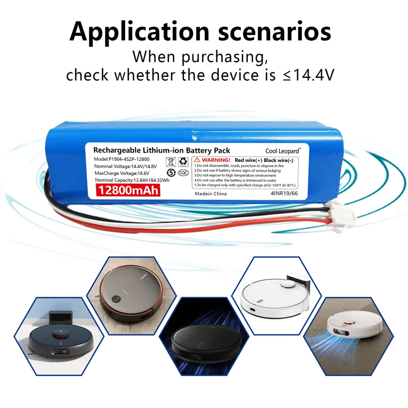

4S2P 14.4V 12800mAh Battery Pack, for XiaoMi Lydsto R1 Viomi S9 Roidmi Eve Plus Robot Vacuum Cleaner Rechargeable Li-ion Battery