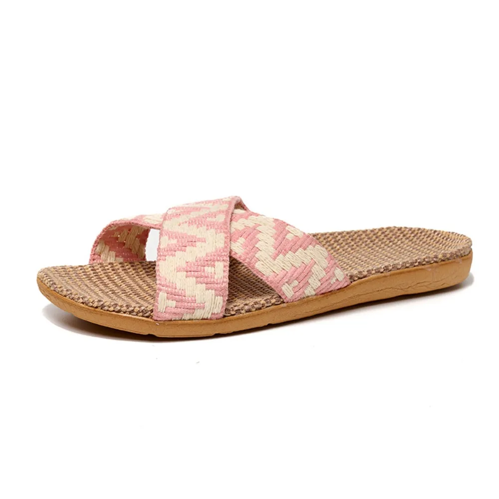 

Casual Ethnic Style Linen Cross Slippers Flax Non-Slip Slides Sandals Sweat Absorption Shoes Slipper Women Men Home