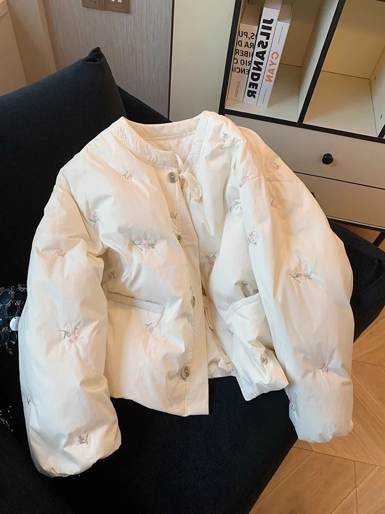 Floral Embroidery Cotton Jaet Coats for Men 'and Women with Belt Sli Warmth ort Version Agel Design Fall Spring Co...