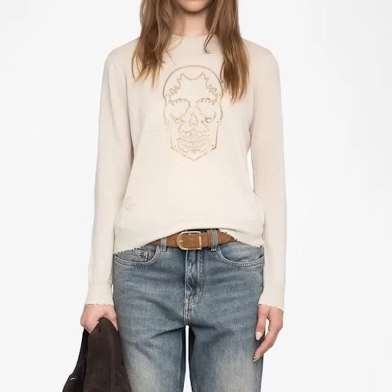 

Бежевый женский кашемировый пуловер с черепом и бриллиантами, свитер с круглым вырезом, тонкий черный джемпер, женские свитера, розовый зимний топ, джемпер