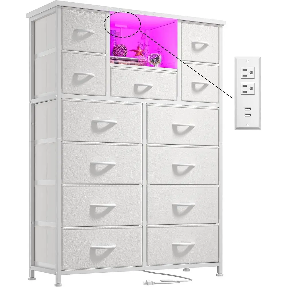 

13-Drawer Bedroom Storage with White LED Lighting and 4 Charging Ports