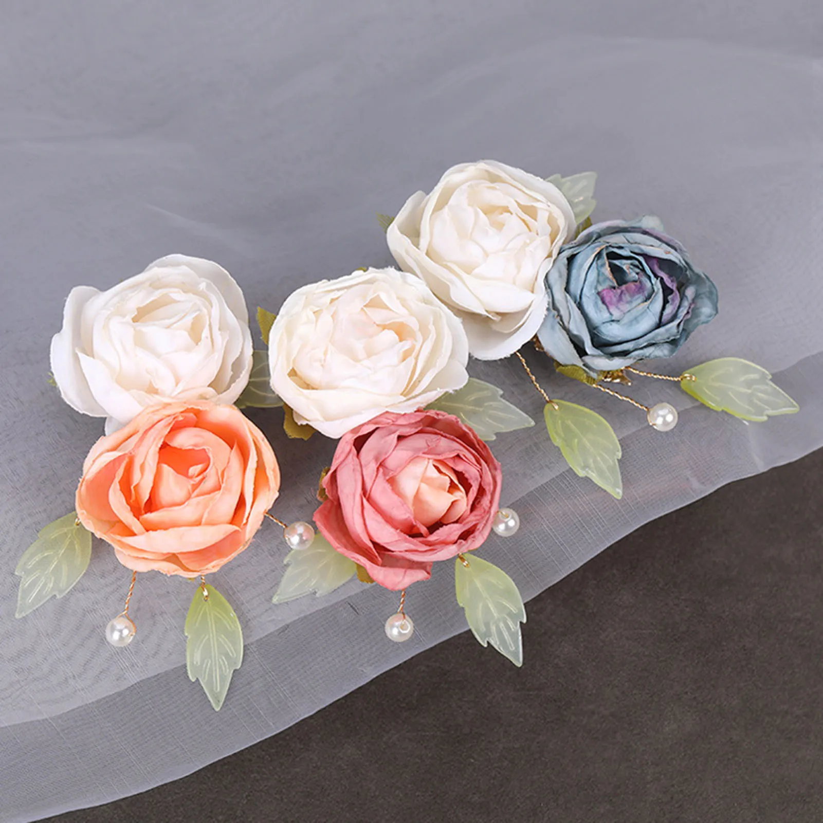 Silk Flower Vintage Side Hair Clip Handmade Forehead Hairpins Non-slip Clip for Women Girls and Hairdressing Salon