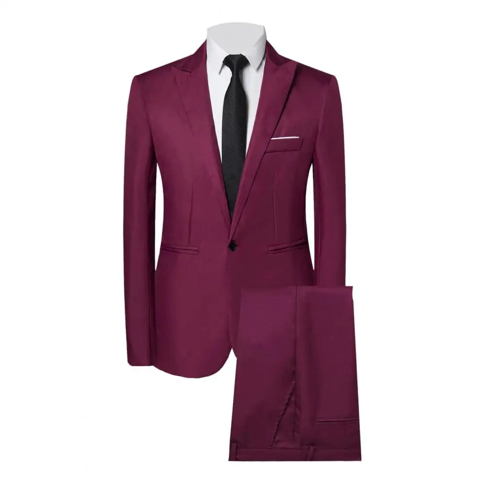 Men Suit Set Men's Business Suit Set Lapel Single Breasted Coat Solid Color Pants Slim Fit Workwear Outfit for Professional