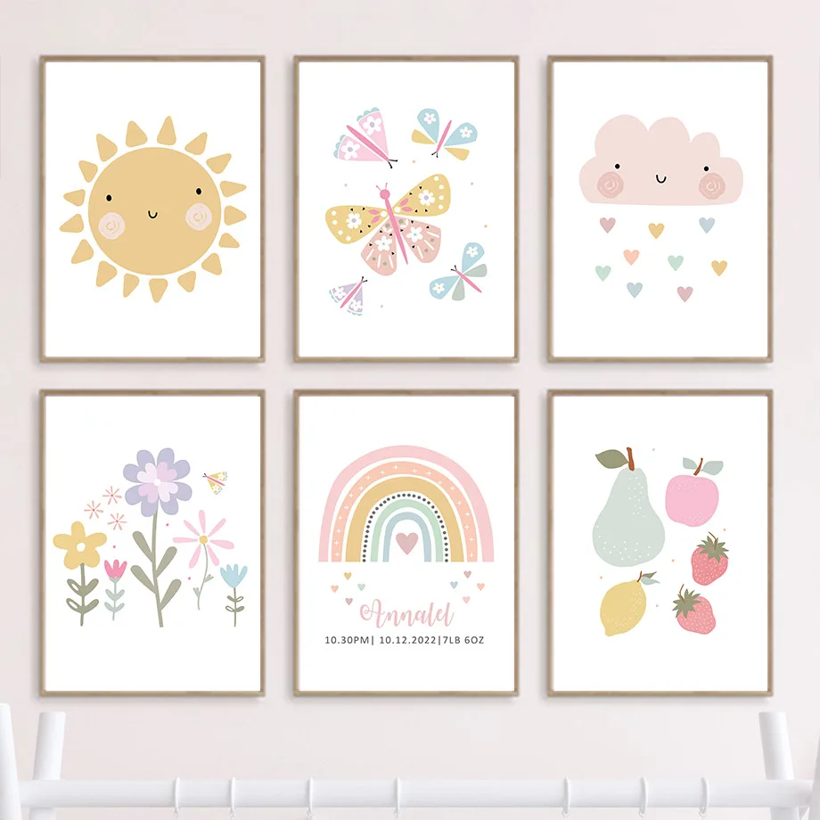 Peinture sur toile d'art mural pour chambre à coucher, soleil, arc-en-ciel, papillon, fleurs,