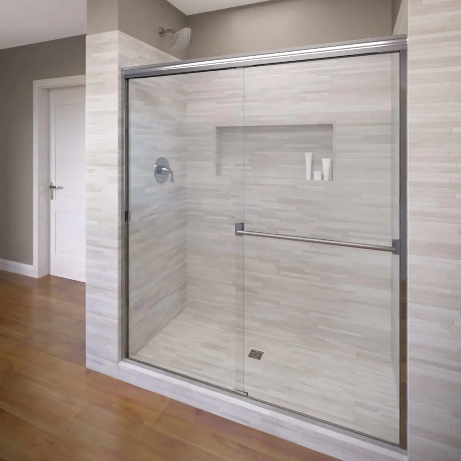 Classic Sliding Shower Door Fits 40 to 44 inch opening Clear Glass Silver Finish Shower bases and or walls not included