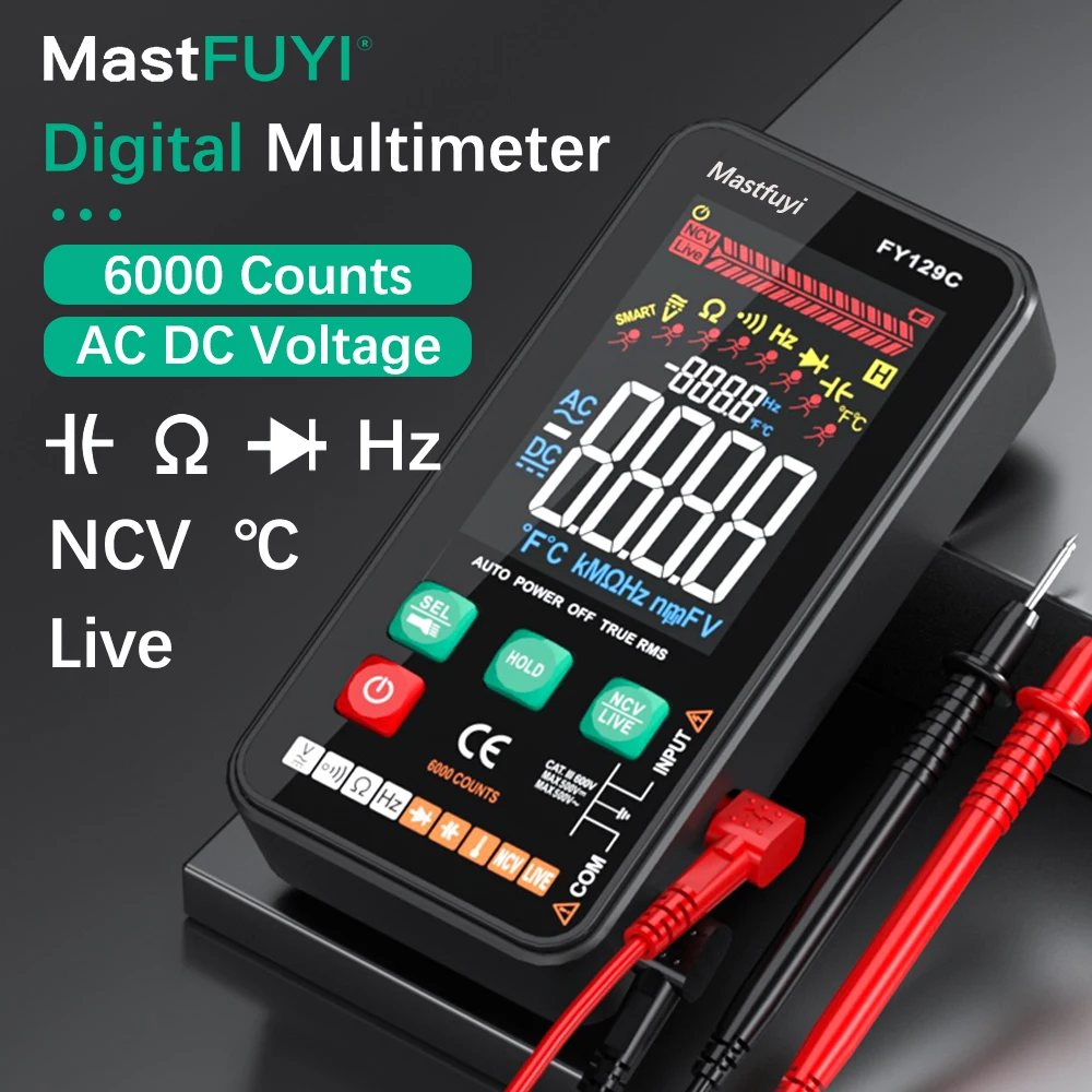 MASTFUYI Smart Digital Multimeter With Bracket LCD Color Screen AC/DC Voltage Tester Ohm Diode NCV Frequency Live Wire Check