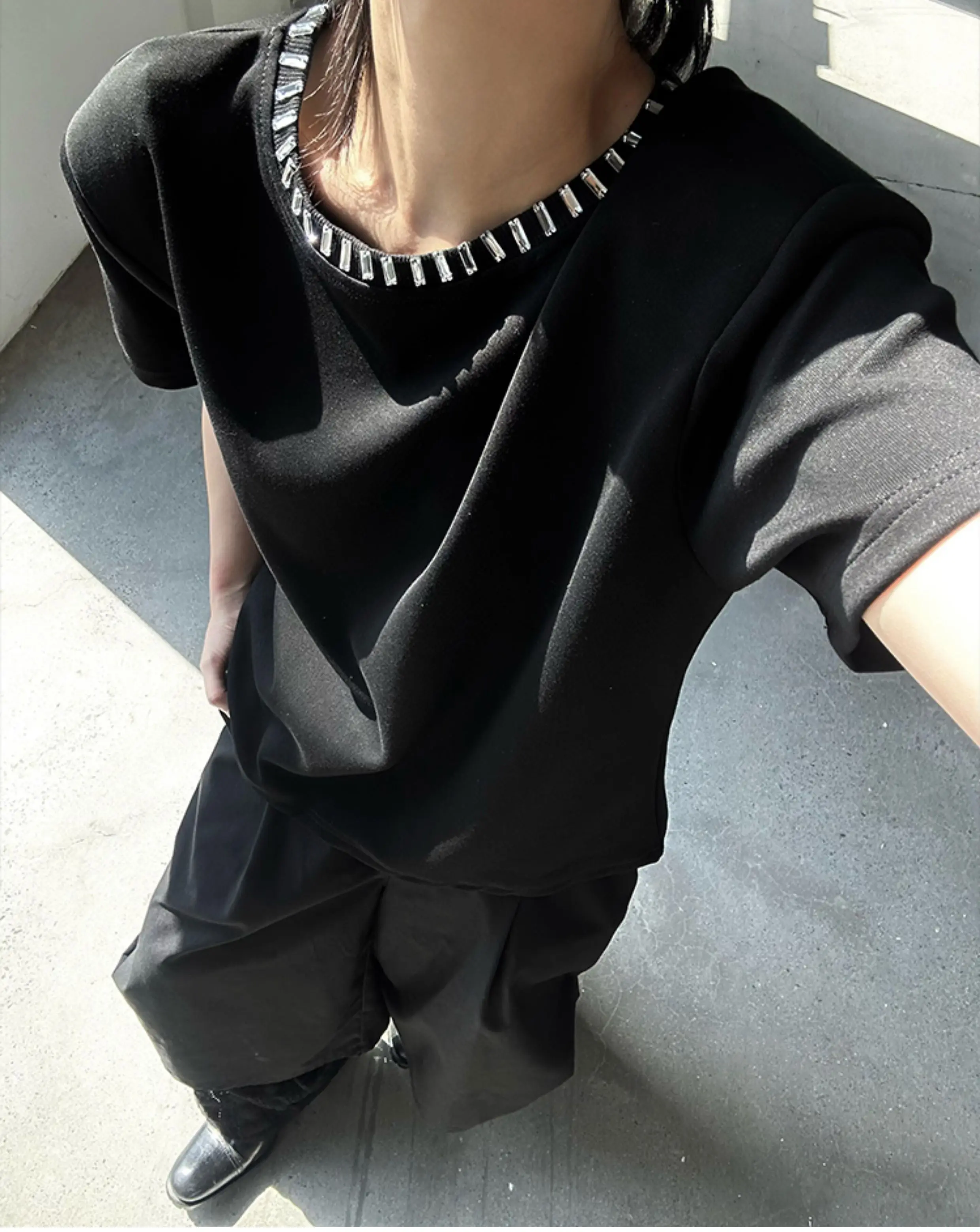 Fashion High Street Round Neck Neckline Diamond Shoulder Pad T-shirts Male Short Sleeve Tops Men's 2025 Summer New Niche Tees