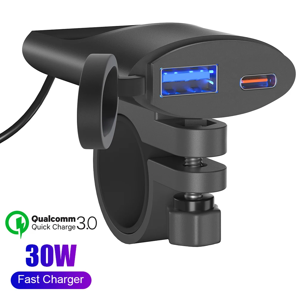 

Motorcycle USB Charger 12V-24V 3.4A 30W QC3.0 Fast Charger Moto Phone Charger Handlebar Mounting Bracket Motorcycle Accessories