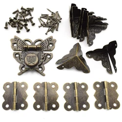 Antique Jewelry Box Lock Catch Hinges and Corner Protector Set Retro Bronze Butterfly Latch Suitable for Cabinets/Trunks