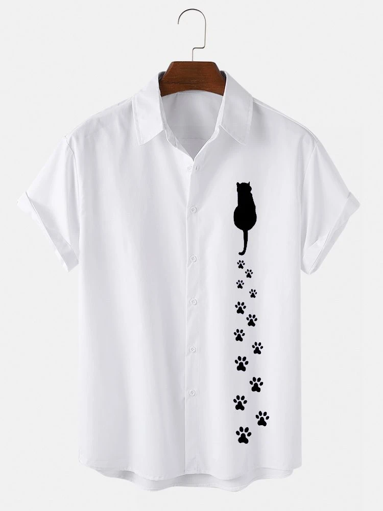 Cat 'S Footprint Heren Shirt Met Korte Mouwen Hawaiiaans Heren Revers Top 2024 Nieuwe Grote Maat Casual Heren Shirt