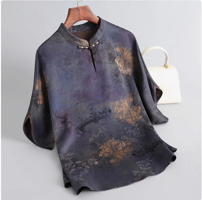 

New middle-aged and elderly mothers' silk tops, women's mulberry silk new Chinese style shirts, fragrant cloud gauze small shirt