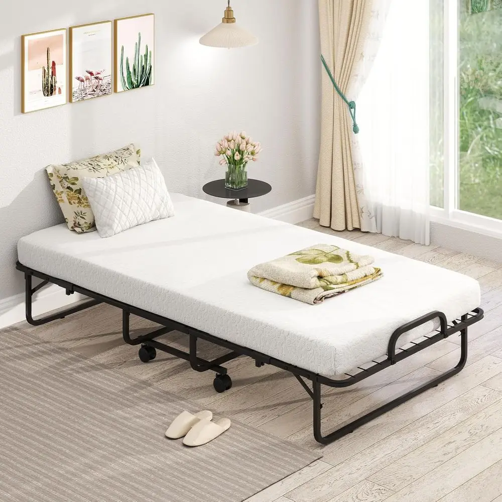 olding Bed with Mattror Adults, Twin Size Rollaway Beds or Gt, Space Saving Portable oldable Bed w/Memory oam Mattr& Metal e or
