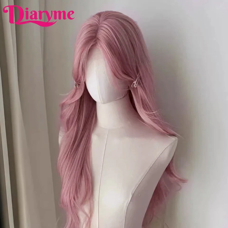 Parrucca anteriore in pizzo sintetico capelli lunghi ricci parrucche da donna parrucca in pizzo per le donne parrucca cosplay parrucca lunga ondulata Lolita rosa femminile resistente al calore