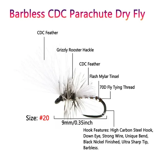 Imagen 2 del producto Bimoo 6PCS # 20 sin púas CDC paracaídas mosca seca gallo Hackle Artificial Emeger insecto cebo para trucha Grayling perca señuelo de pesca