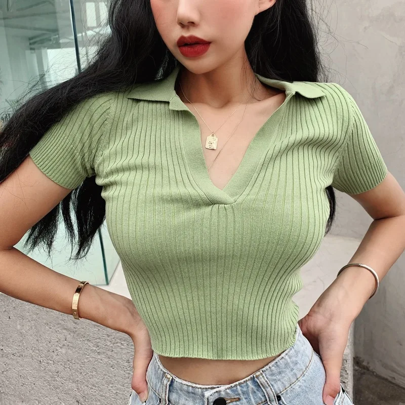 Knitted Sweater Pullover Basic V Neck Short Sleeve Slim Fit T-shirt Female Autumn Winter Jumpers Top Women Clothes