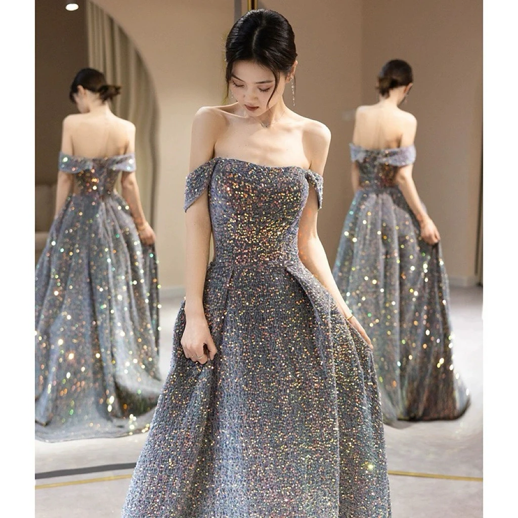 Shiny Gray Sequins Celebrity Dresses Boat Neck Off the Shoulder A-line Gradient Lace-up Woman Evening Bridesmaid Gowns 2023