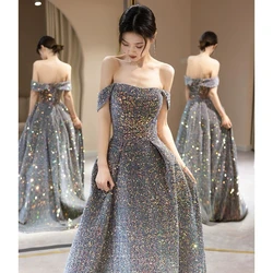 Shiny Gray Sequins Celebrity Dresses Boat Neck Off the Shoulder A-line Gradient Lace-up Woman Evening Bridesmaid Gowns 2023