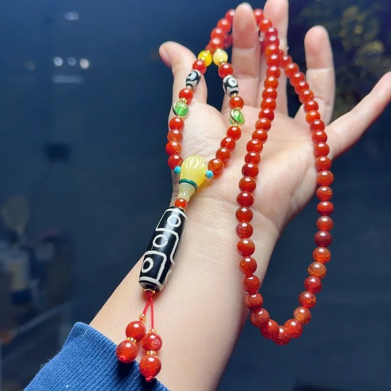

2026 New Original Red Agate Dzi Bead Pendant Necklace, 8mm Beads, 74g, Tibetan Style Lucky Jewelry