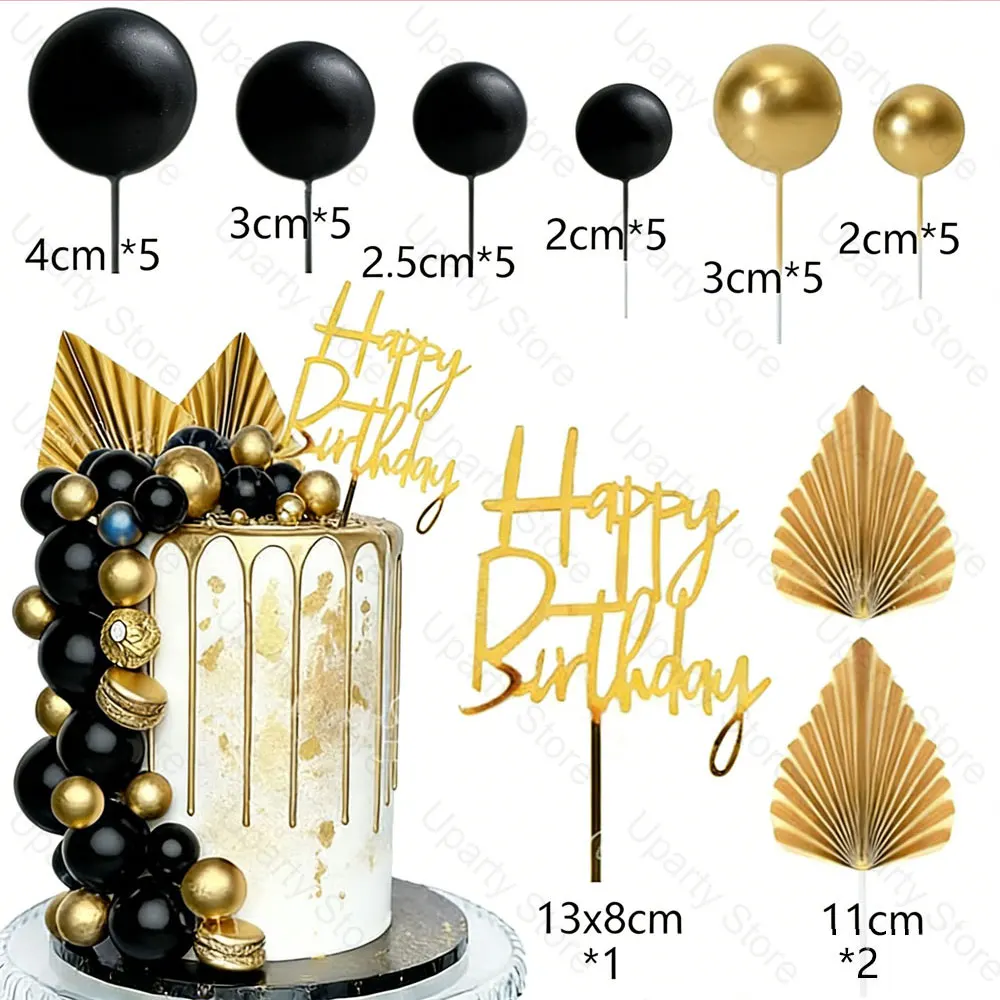 33pcs Happy Birthday Cake Toppers 2-4cm Foam Balls Acrylic Gold Birthday Cake Decorations for Birthday Wedding Anniversary Decor