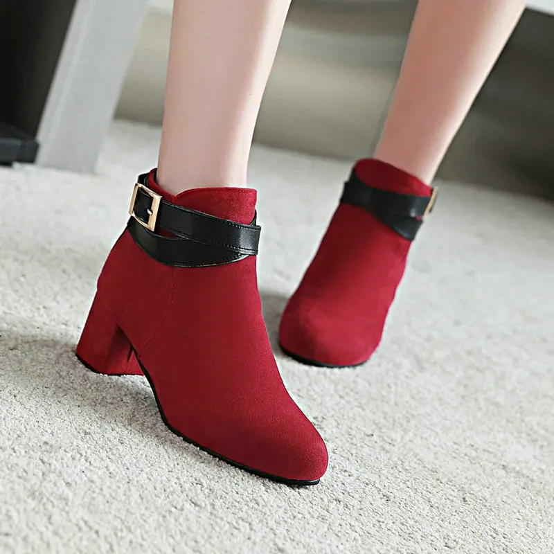 

Flock Ankle Buckle Strap Round Toe Winter Fall Shoes Ankle Bootie Wine Red Square Chunky High Heels Ankle Fashion Boots