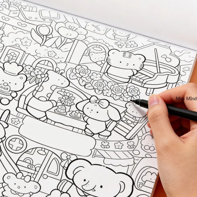 

Multi Theme Panoramic Fine Line Drawing Brochure Retro Street Market Christmas Cute Rabbit and Other Theme Healing Coloring Book