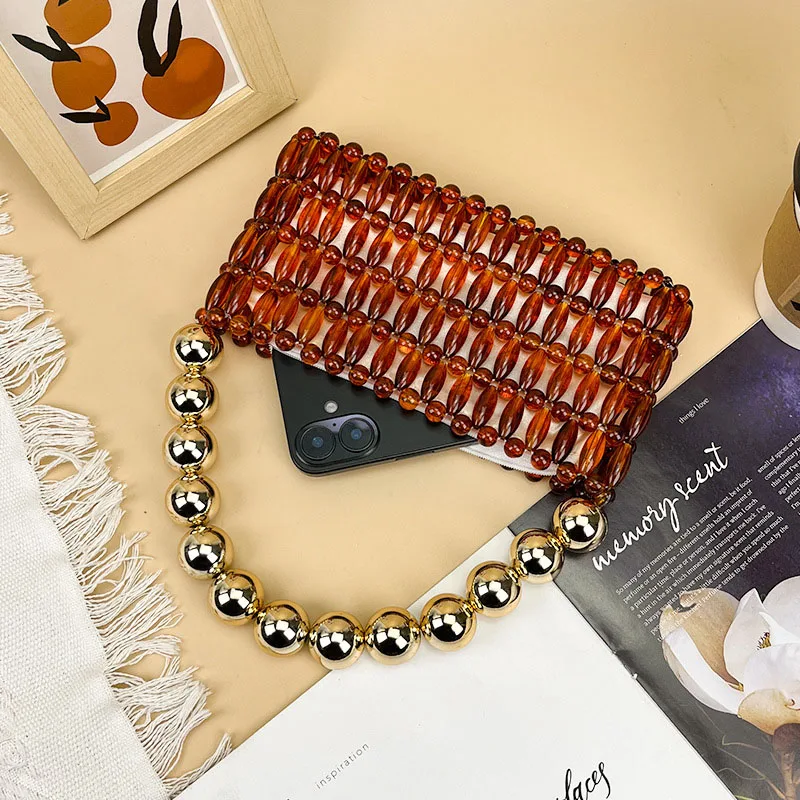 Brown Handbags for Women Light Luxury Handmade Beaded Tote Bags Summer New Vintage Commuting Hollowed Out Dinner Bags