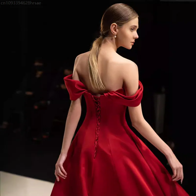 Bordeaux Slim Fit Sexy Satijn Off-Shoulder Verlovingsavondjurk Voor Vrouwen Strapless Lange Avondfeest Galajurk Nieuw