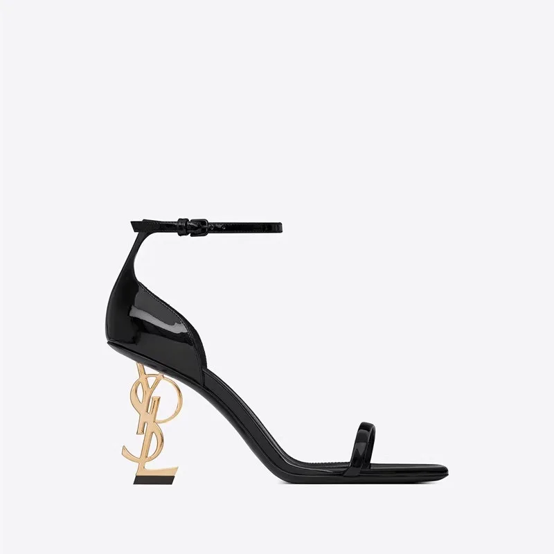 High quality one-line sandals women 2024 new European and American black patent leather sexy letter heels women