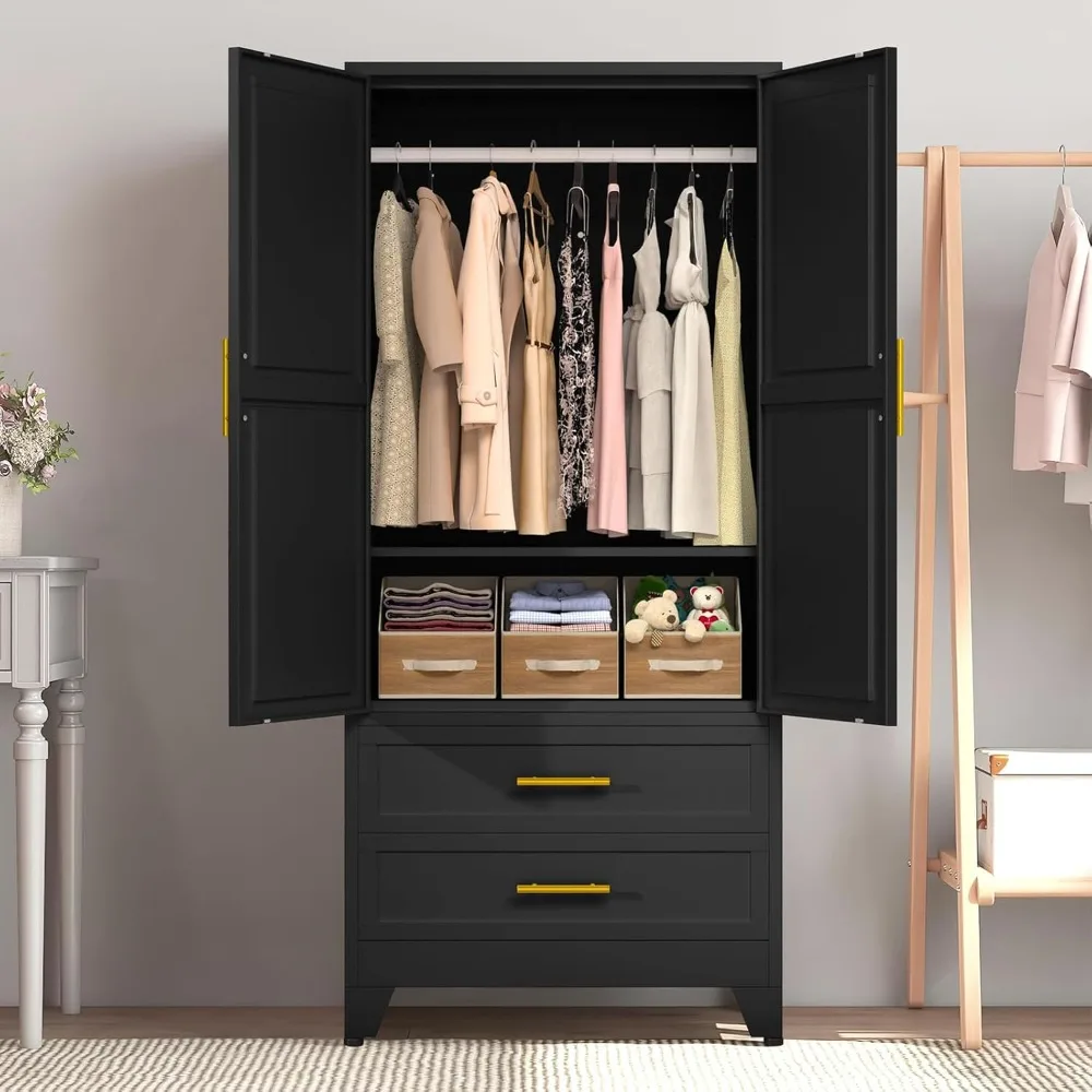 

71" Metal Armoire Wardrobe Closet with 2 Drawers, Freestanding 2-Door Tall Clothing Storage with Adjustable Shelves and Hanging